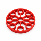 Red silicone 9-hole egg steamer rack, top view with circular openings