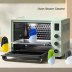 Microwave steam cleaner set inside open oven, with blue and green/white units