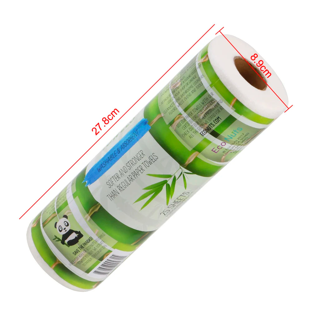 Reusable bamboo paper towel roll in green wrap, end and core view
