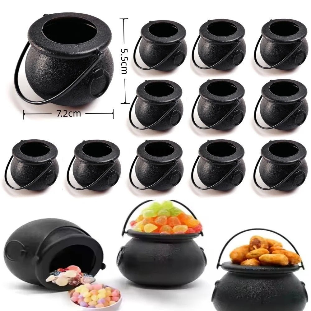 Mini black cauldron candy bowls with handles, shown as a grouped set