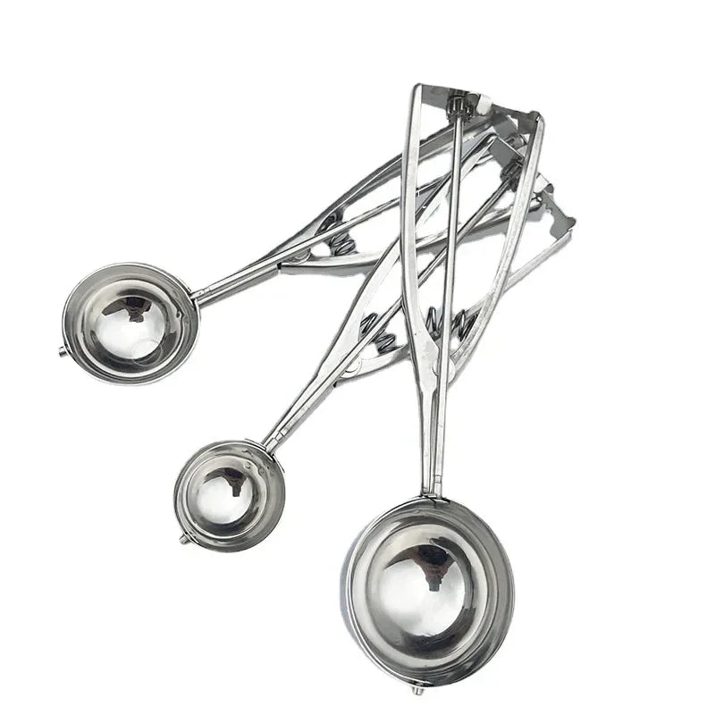 Triple stainless steel spring scoop set with round bowls and lever mechanisms