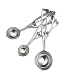 Triple stainless steel spring scoop set with round bowls and lever mechanisms