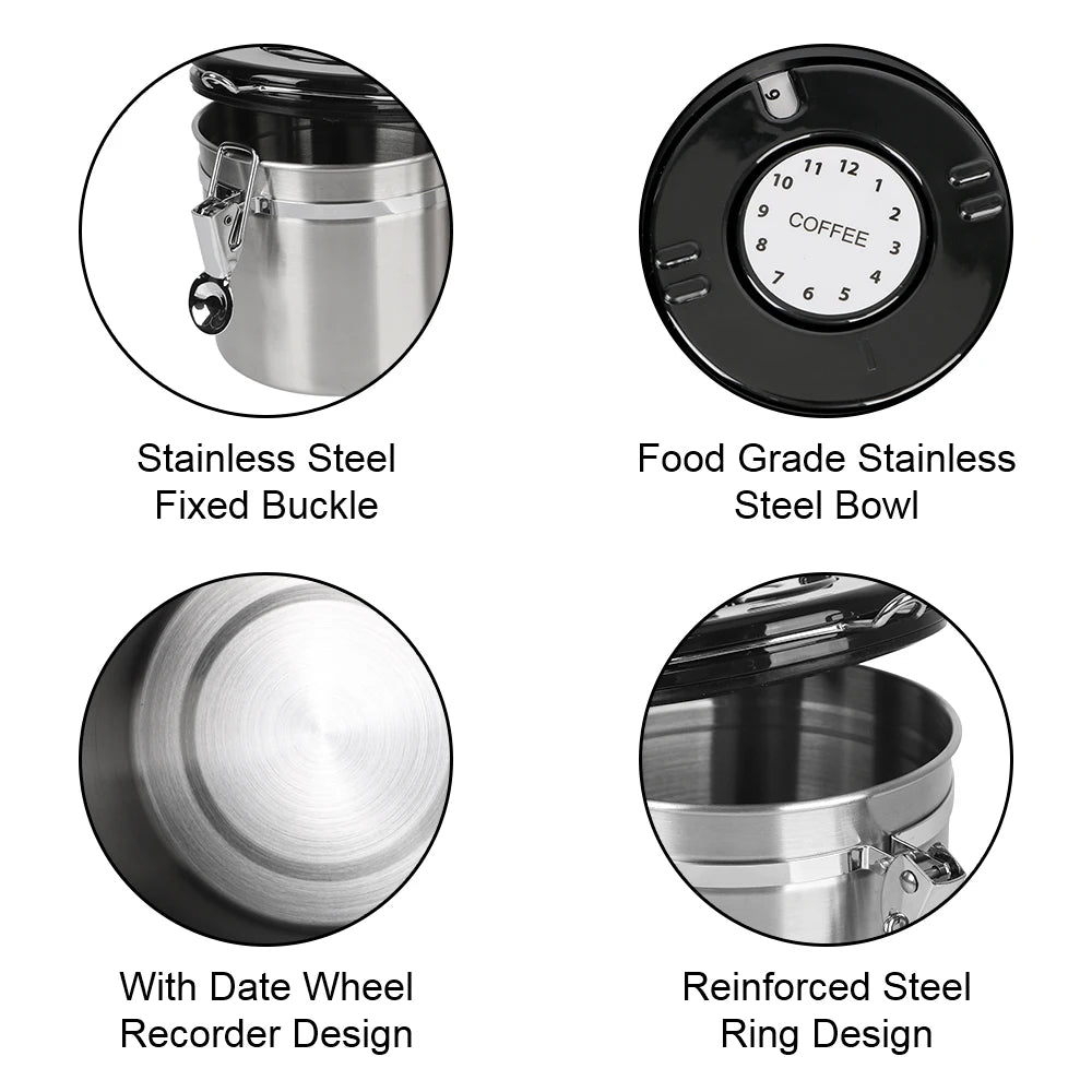 Coffee canister detail set: stainless steel body, date wheel, reinforced ring