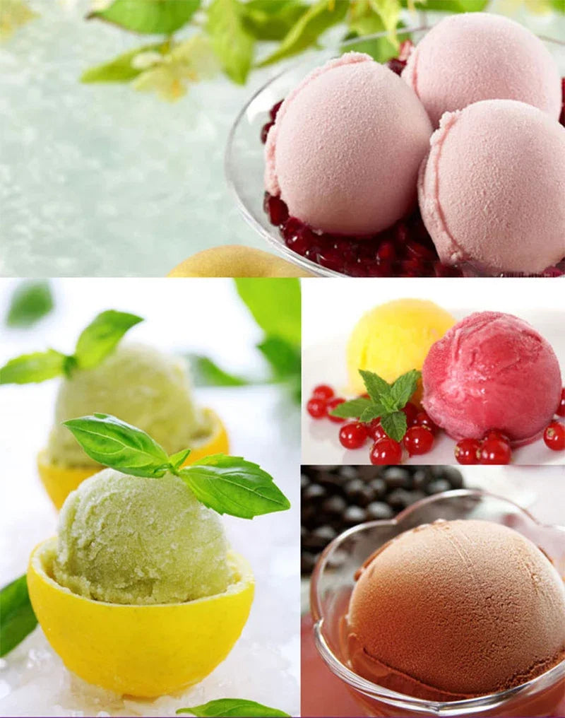 Stainless steel scoop with round bowl over a bowl of ice cream scoops