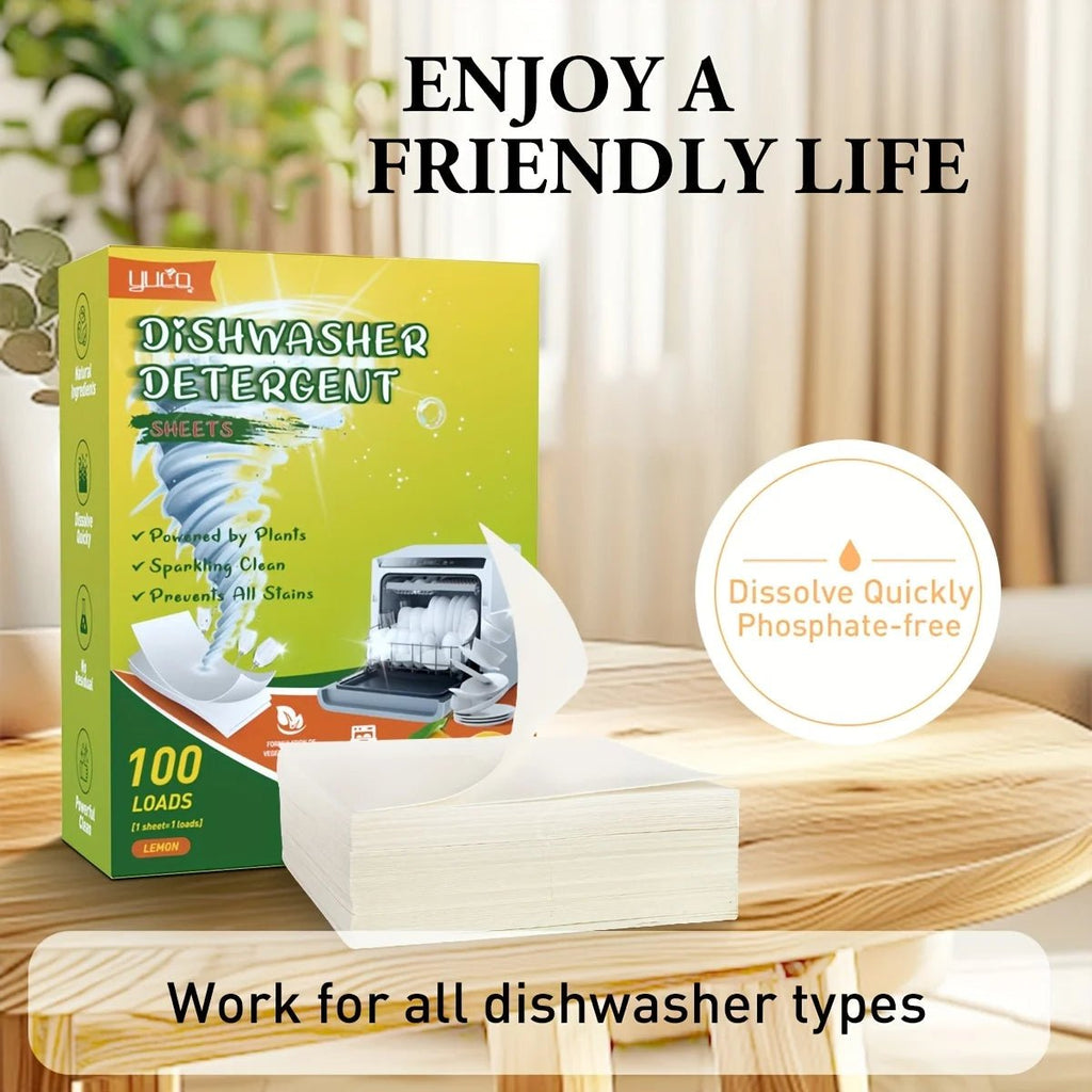 Dishwasher detergent sheets box, green 100-load package for lemon scent