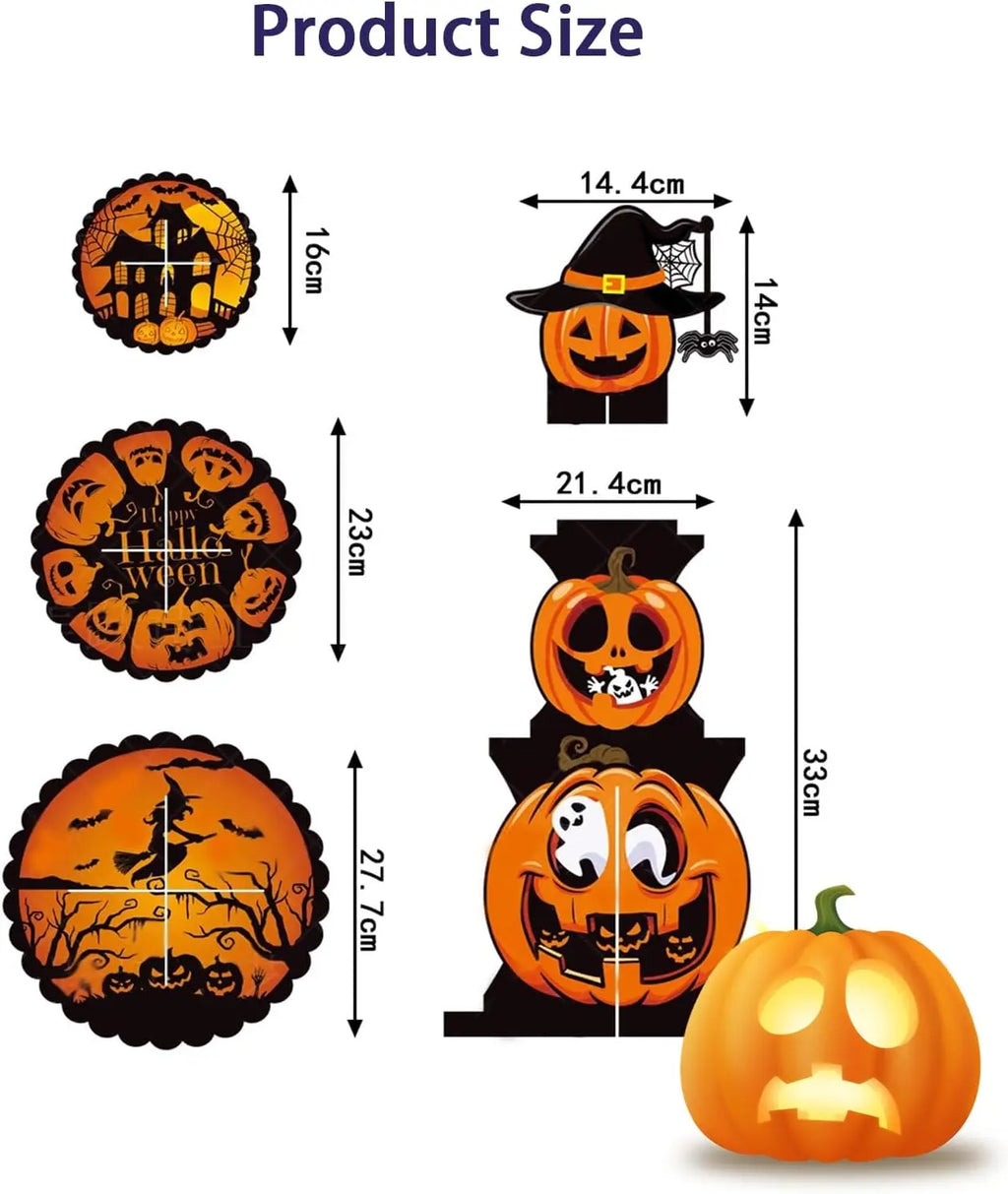 Halloween 3-tier cardboard cupcake stand size diagram with witch hat and pumpkin faces