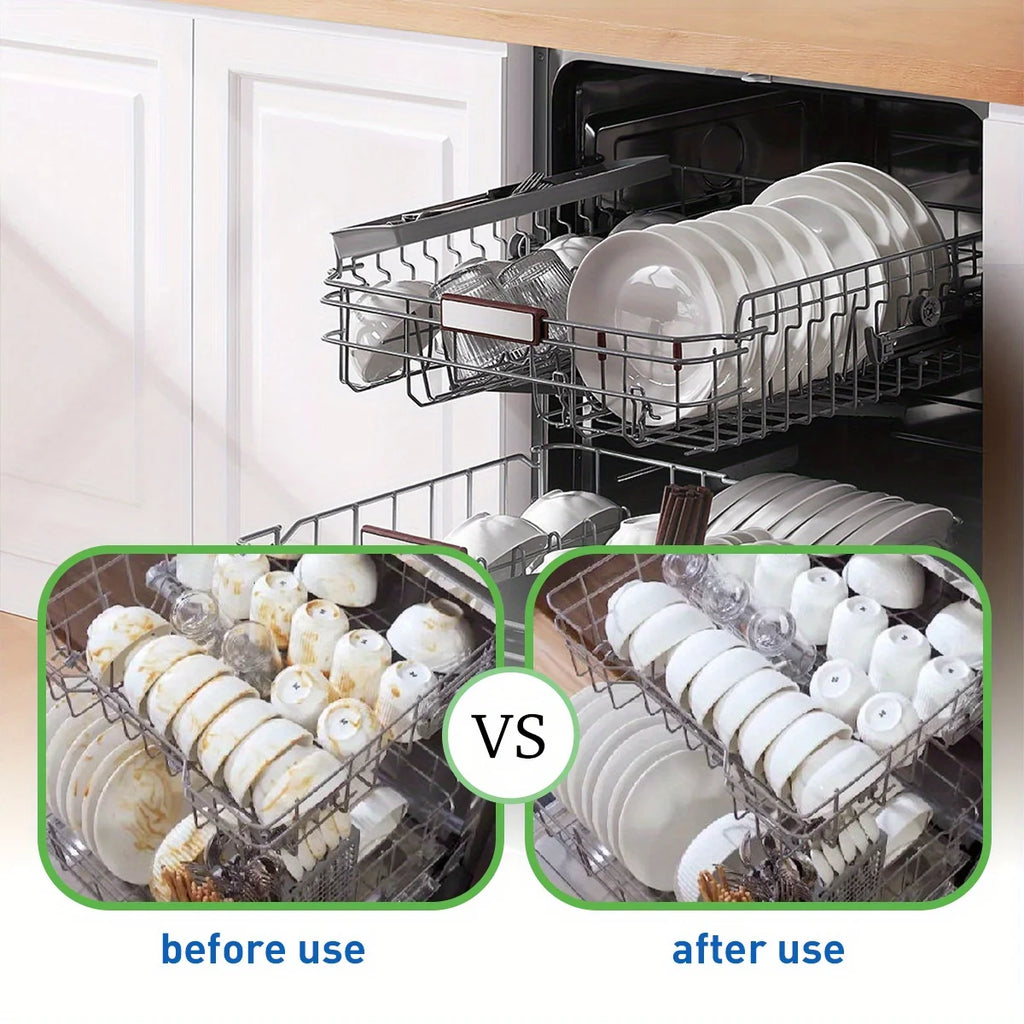 Dishwasher basket before-and-after comparison showing cleaner dishes with detergent