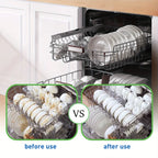 Dishwasher basket before-and-after comparison showing cleaner dishes with detergent