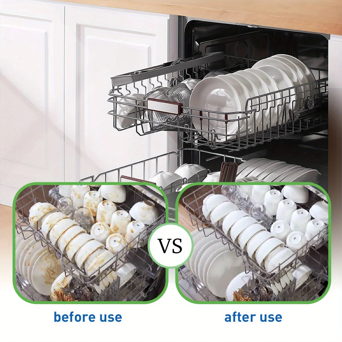 Dishwasher basket before-and-after comparison showing cleaner dishes with detergent
