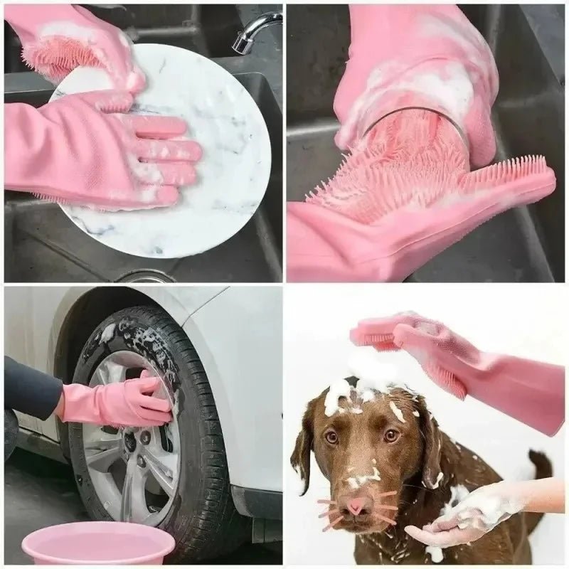 Pink silicone dishwashing scrubber gloves for washing dishes, tire, and pet