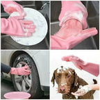 Pink silicone dishwashing scrubber gloves for washing dishes, tire, and pet