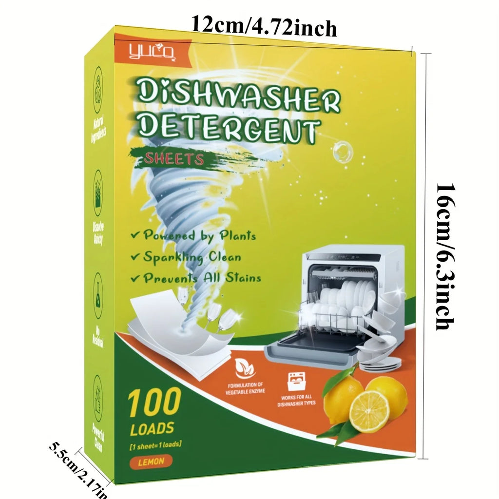 Green dishwasher detergent sheets box, lemon scent, 100 loads, front view