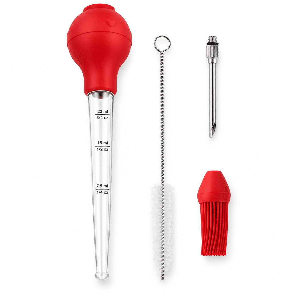 Red silicone turkey injector baster set with metal needle and red basting brush