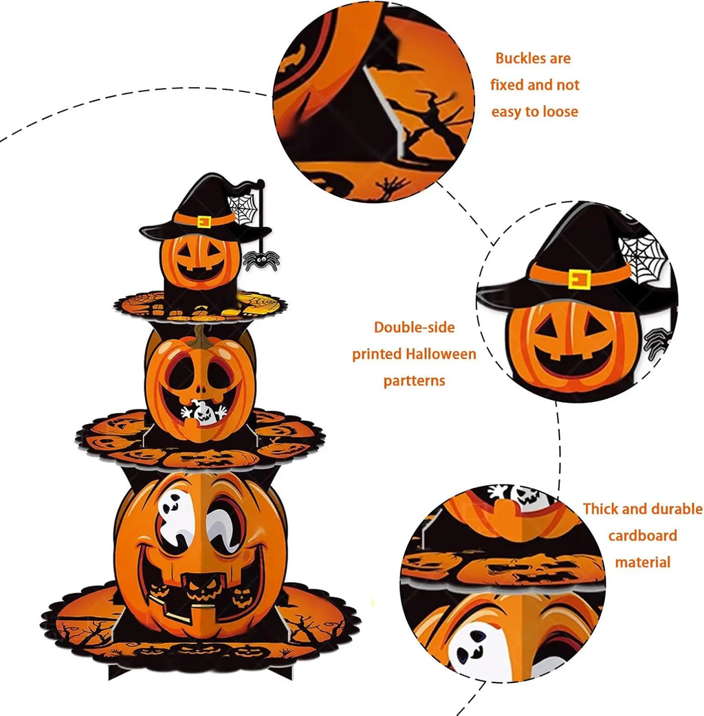 3-tier Halloween cardboard cupcake stand with witch hat jack-o'-lantern cutouts and face details