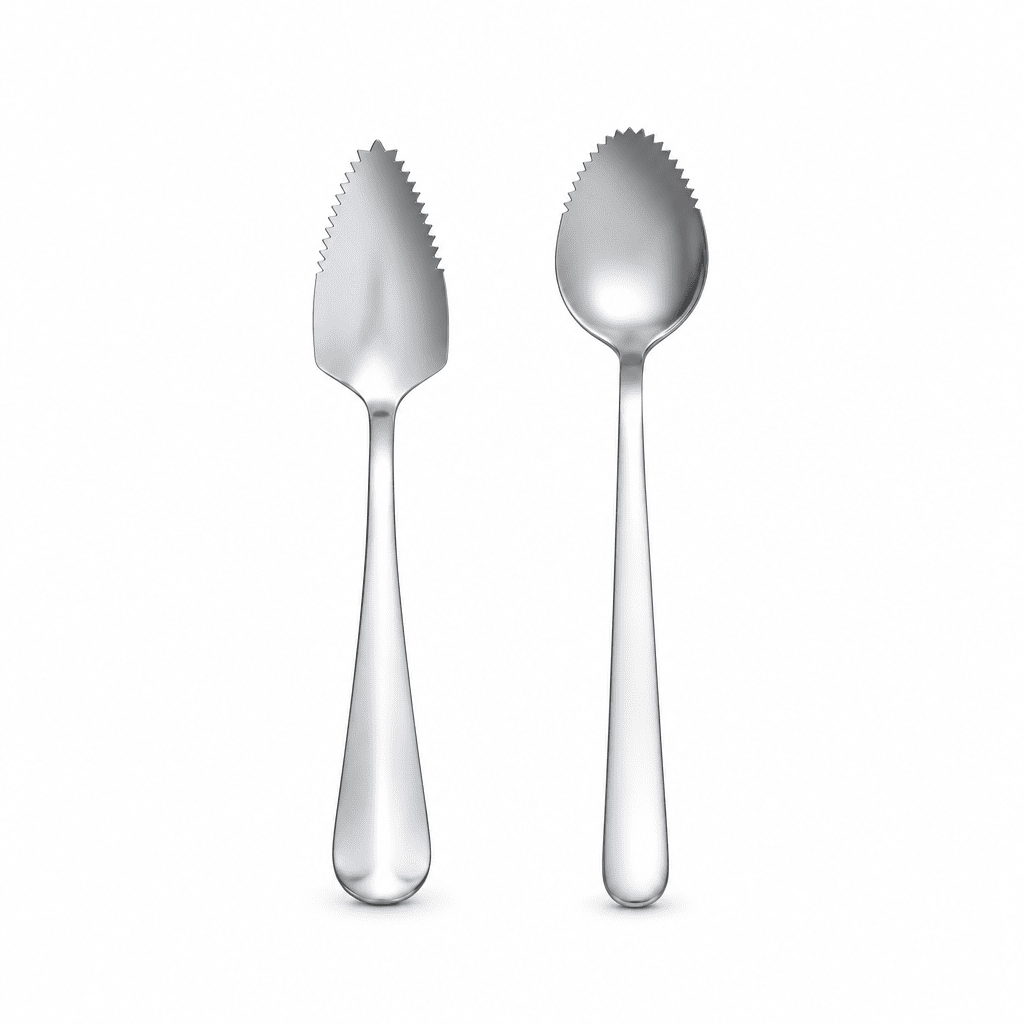 Pair of stainless steel citrus spoons with micro-serrated edges and rounded scoops