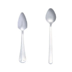 Stainless steel grapefruit spoon and fruit puree spoon, one with micro-serrated edge