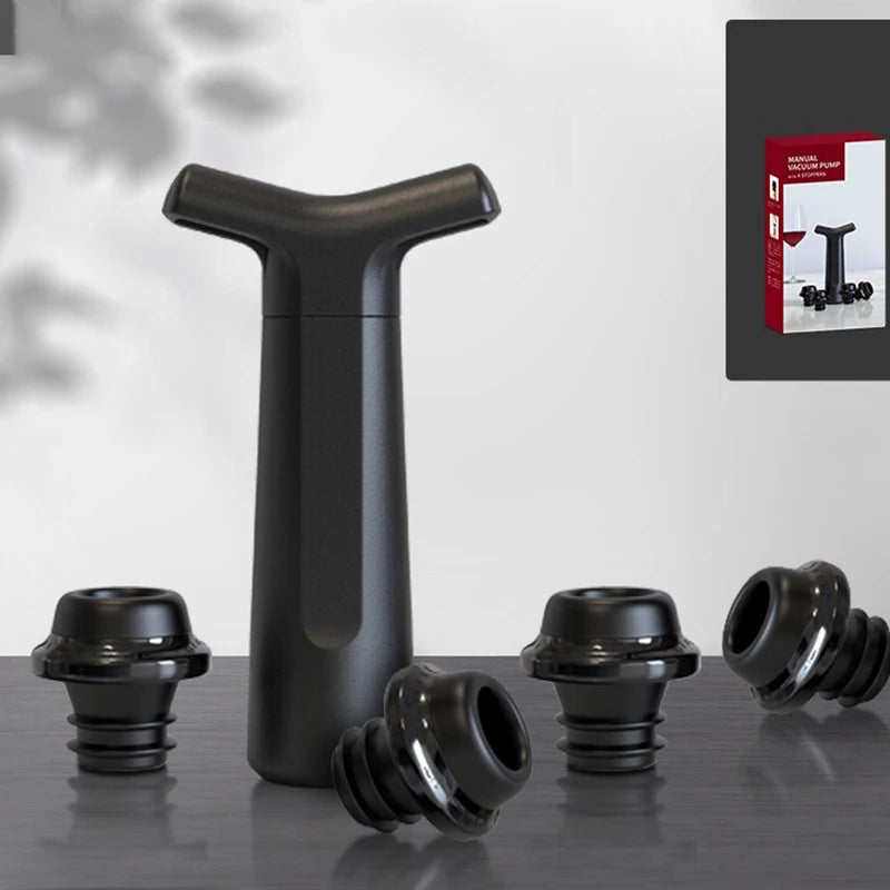 T-handle manual wine vacuum pump with black stoppers, tabletop product set