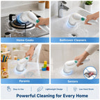 Handheld electric spin scrubber shown scrubbing multiple home surfaces