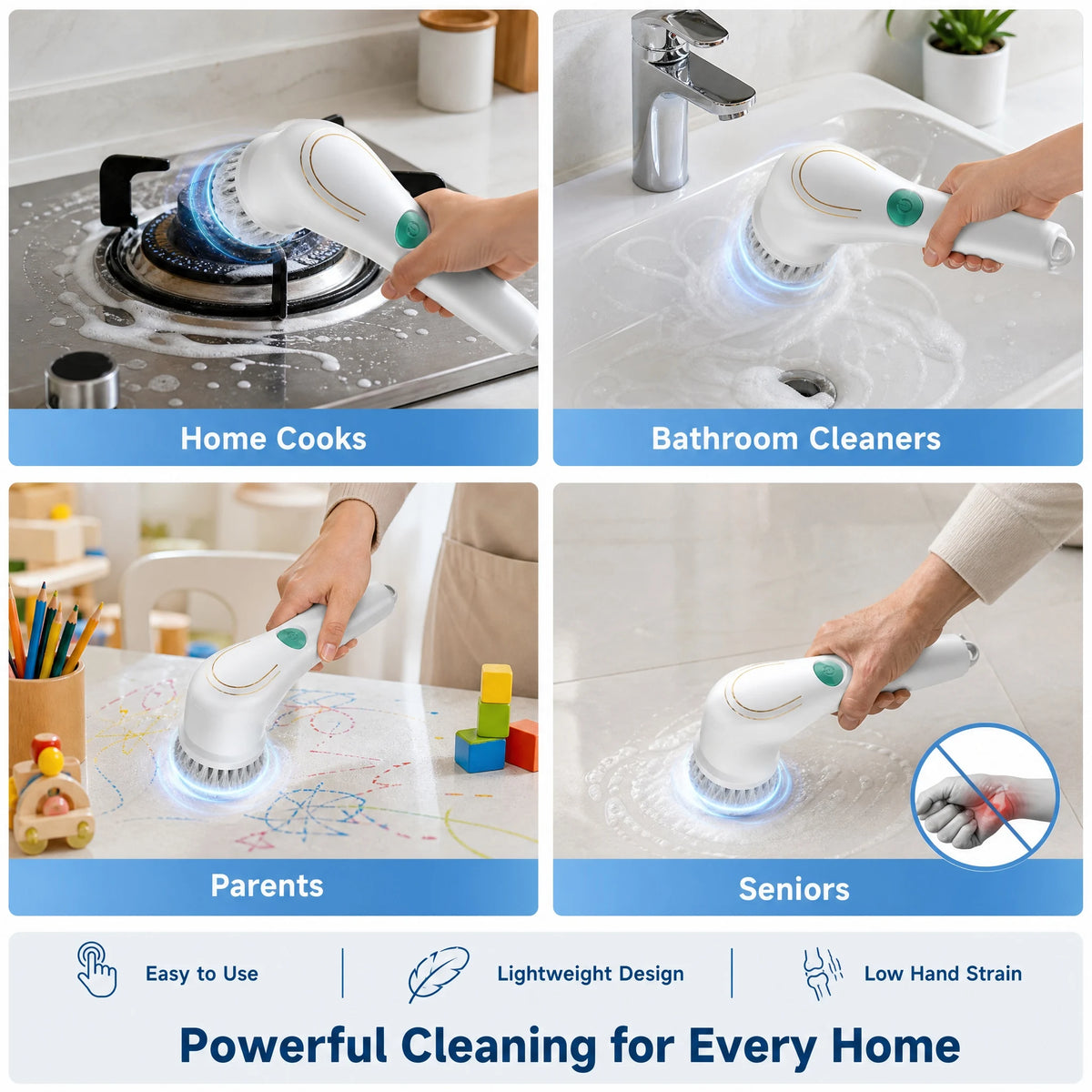 Handheld electric spin scrubber shown scrubbing multiple home surfaces