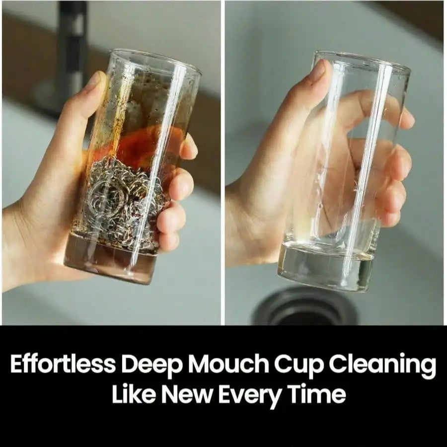 Stainless steel chainmail scrubber pieces in a clear cup container, held in hand