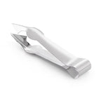 Stainless steel V-shaped fruit huller tool with forked blade, white background