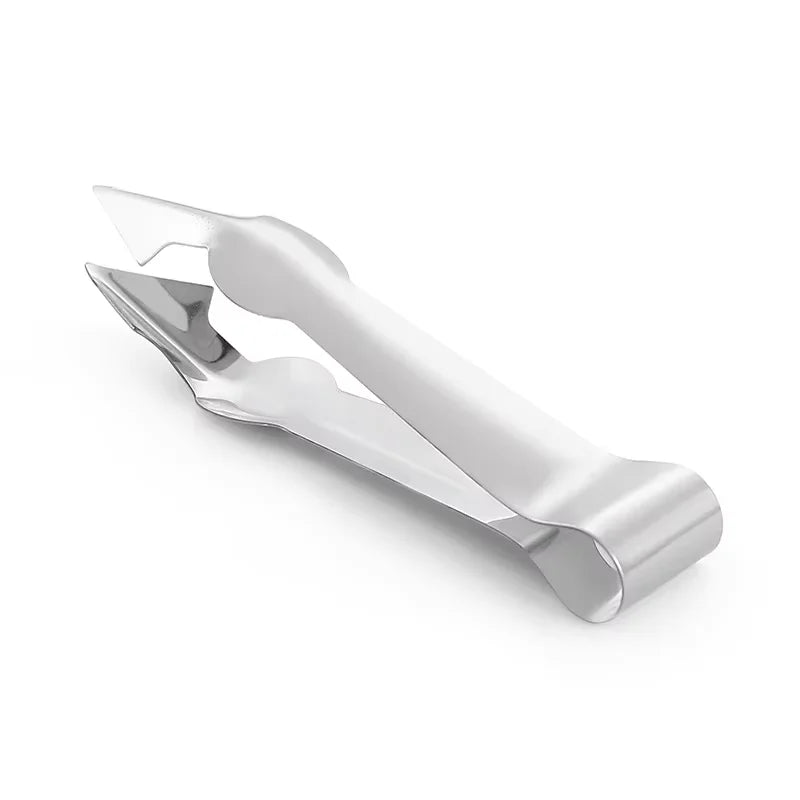 Stainless steel V-shaped fruit huller tool with forked blade, white background