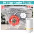 Reusable vacuum sealer bag kit with electric auto pump, valve disc, and food inside