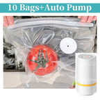 Reusable vacuum sealer bag kit with electric auto pump, valve disc, and food inside