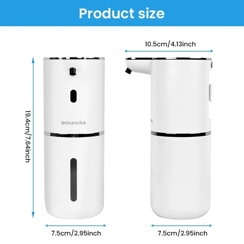 Automatic soap dispenser size chart view, white dispenser front and angled side