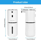 Automatic soap dispenser size chart view, white dispenser front and angled side