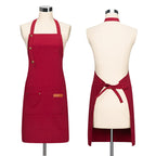 Red canvas chef apron with adjustable neck strap, button front, and front pocket