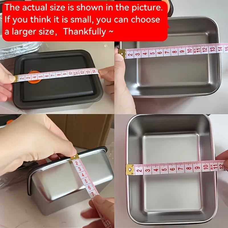Stainless steel food storage containers shown with measuring tape for size