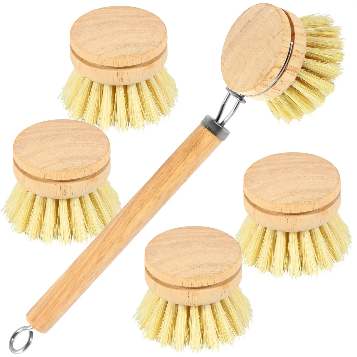 Set of dish scrub brushes with light wood handles, round heads, and yellow bristles