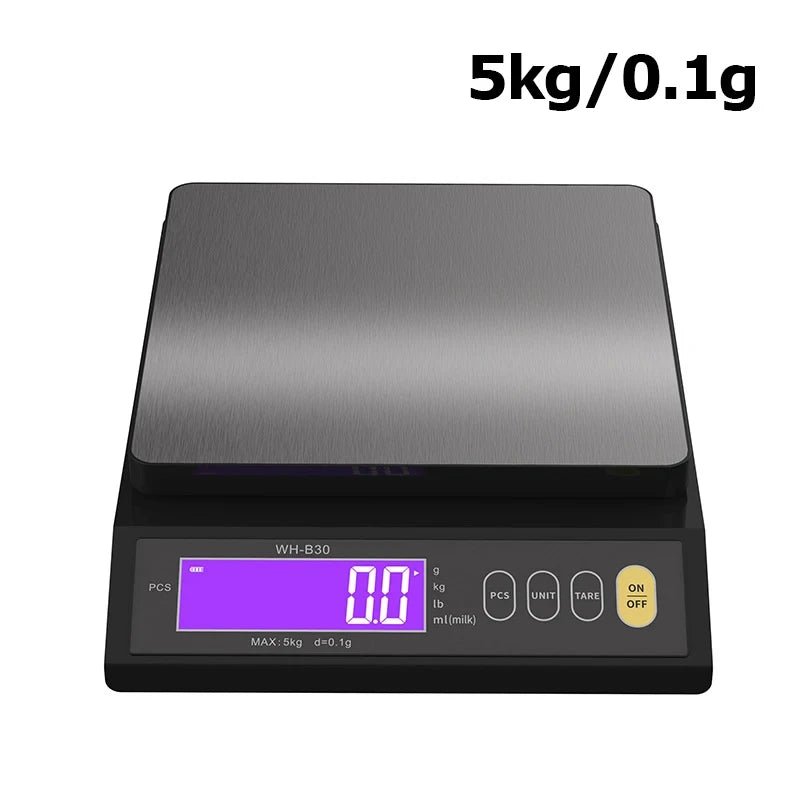 Digital kitchen scale set to 5kg/0.1g with purple LCD readout