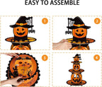 3-tier Halloween cardboard cupcake stand showing assembly steps with jack-o'-lantern design