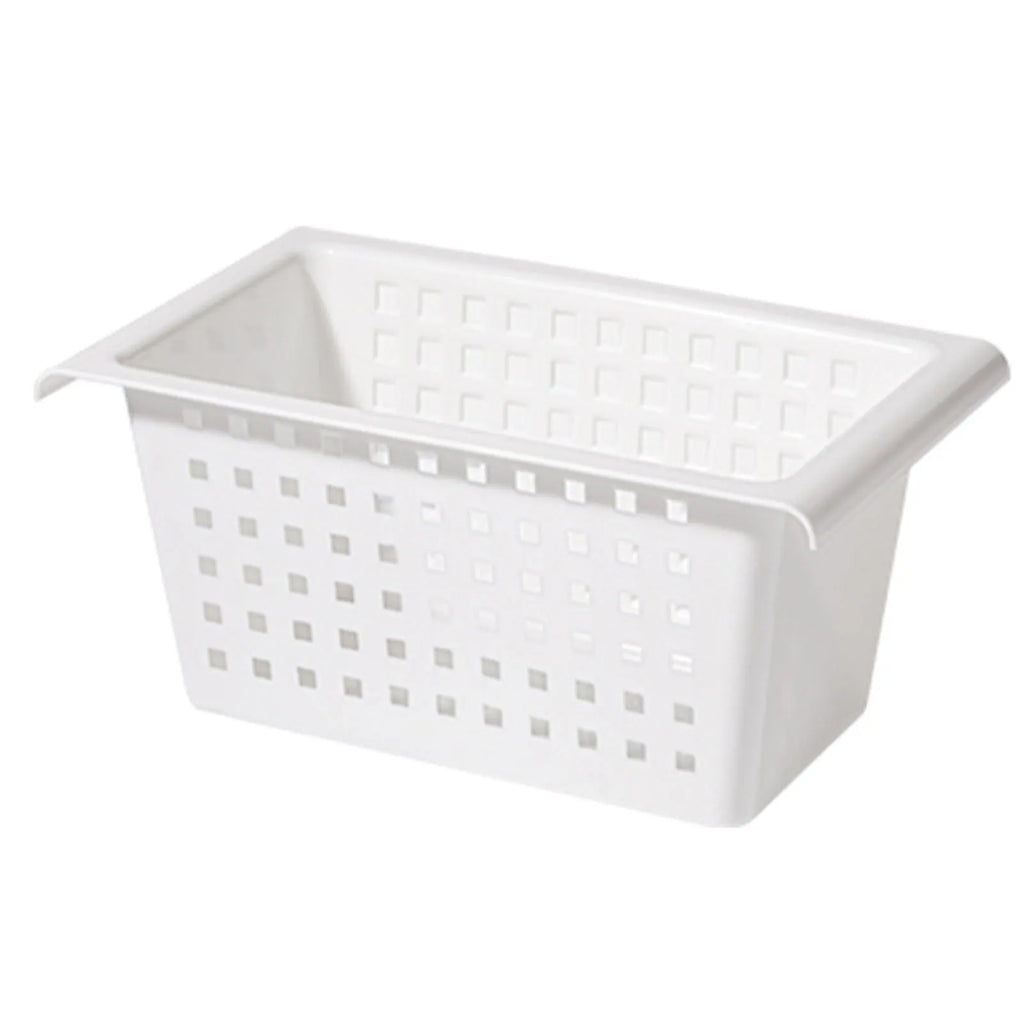 White plastic storage basket with perforated grid sides and side handles, under-sink style