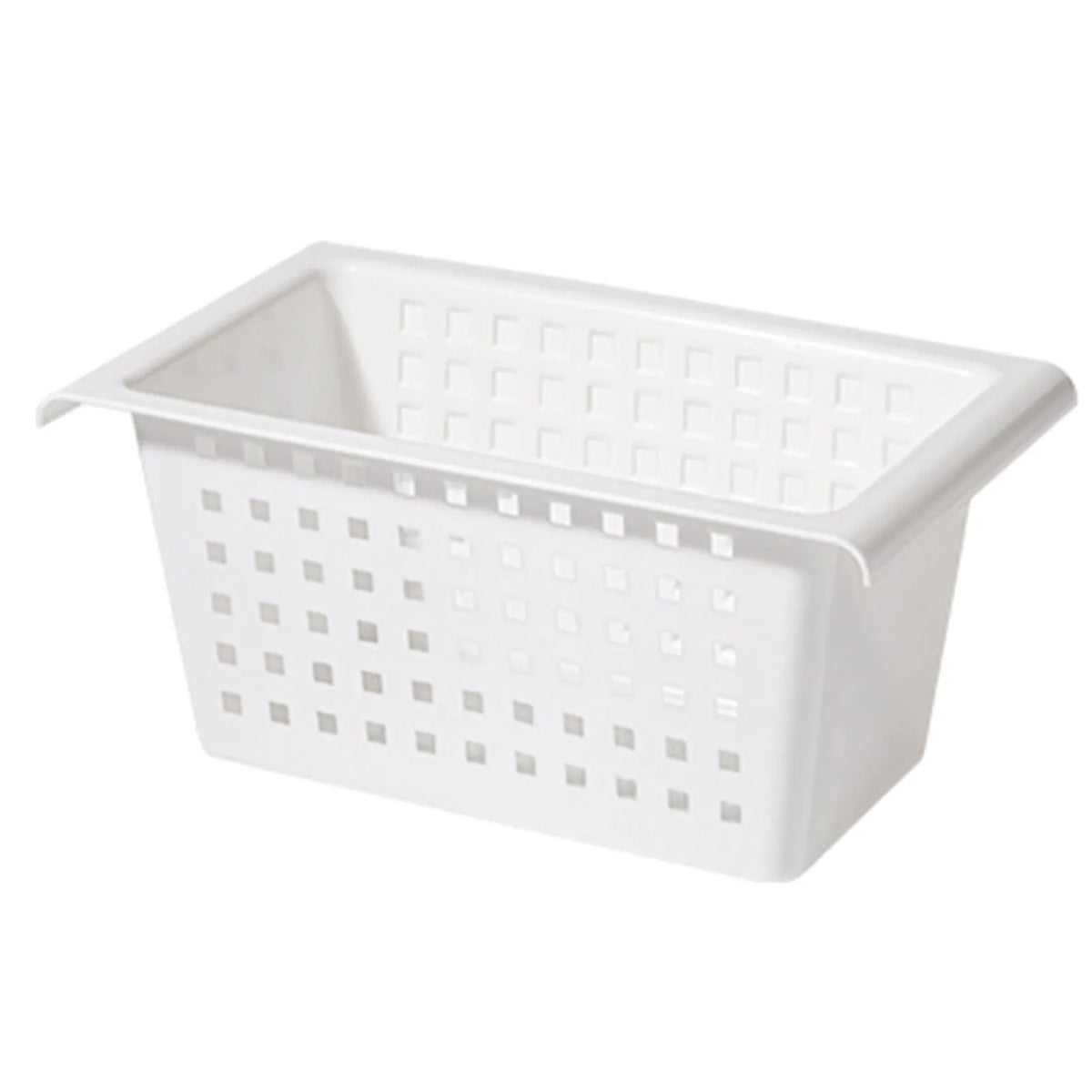 White plastic storage basket with perforated grid sides and side handles, under-sink style