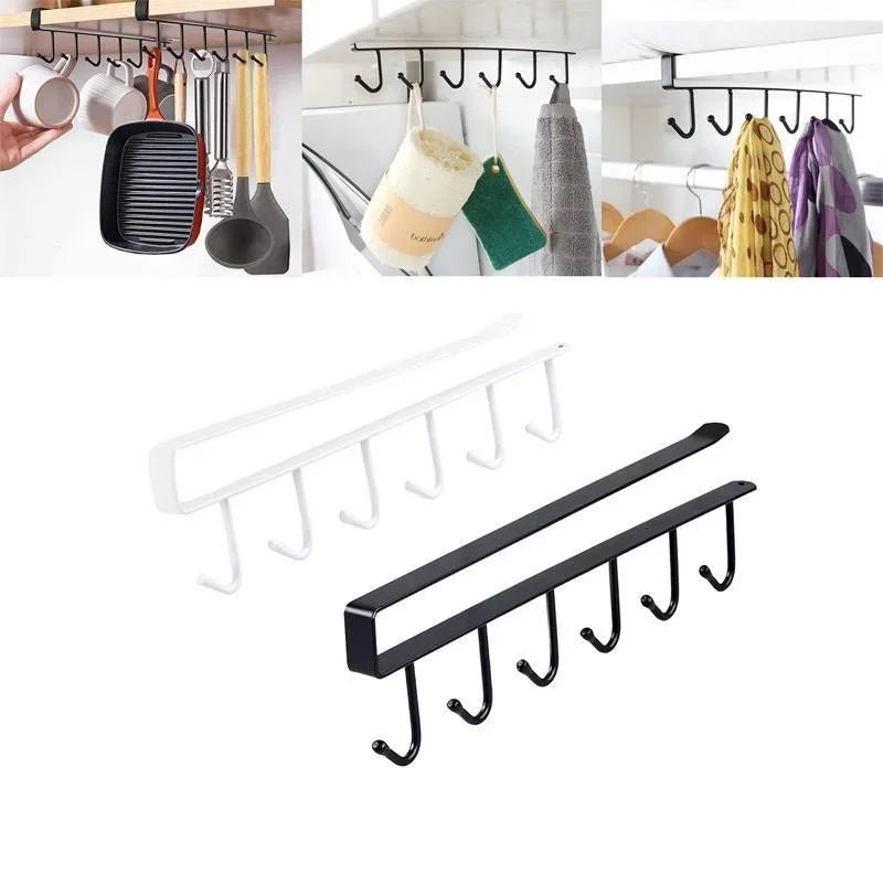 Under-cabinet 6-hook slide-on storage rack with mug hanger, matte black, hanging kitchen tools