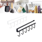 Under-cabinet 6-hook slide-on storage rack with mug hanger, matte black, hanging kitchen tools
