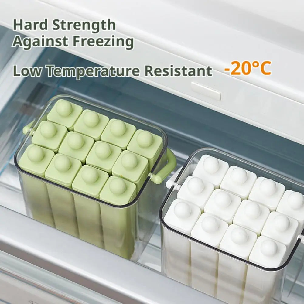 Silicone ice stick trays in a freezer, with green and white molded ice