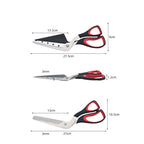 Pizza cutting scissors measurement chart showing size of scissors and blades