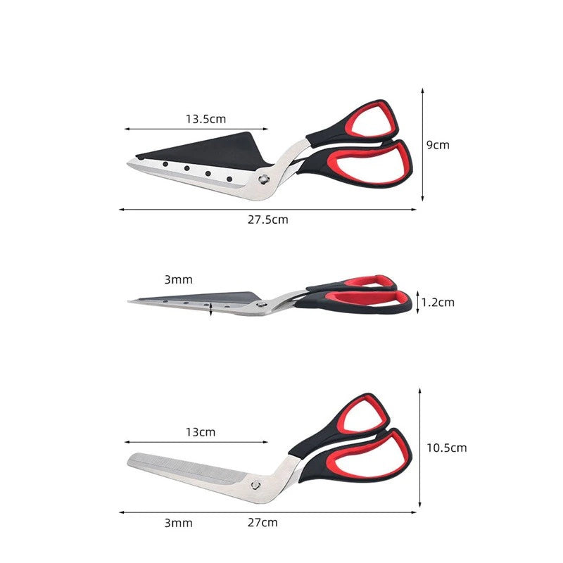 Pizza cutting scissors measurement chart showing size of scissors and blades