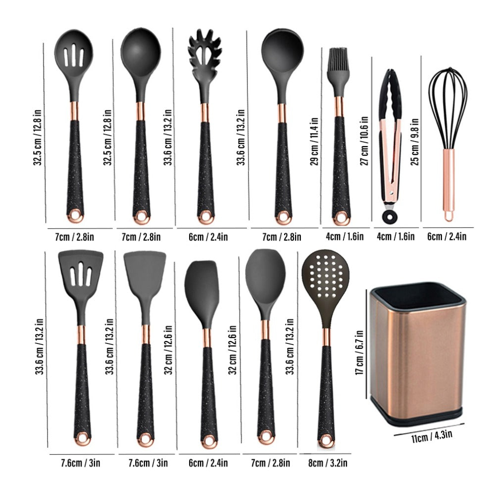 Black silicone cooking utensils with rose-gold accents—spatula, spoon, ladle, skimmer, whisk