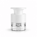 White cherry pitter with clear multi-hole chamber and white press top, centered front view