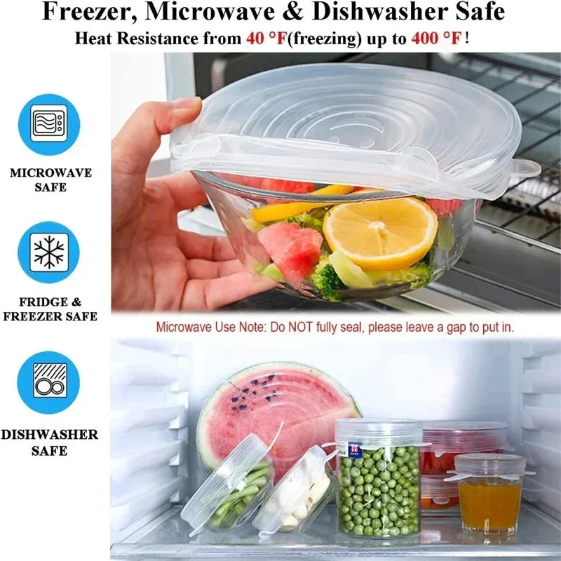 Clear silicone stretch lids covering a glass container inside an oven rack