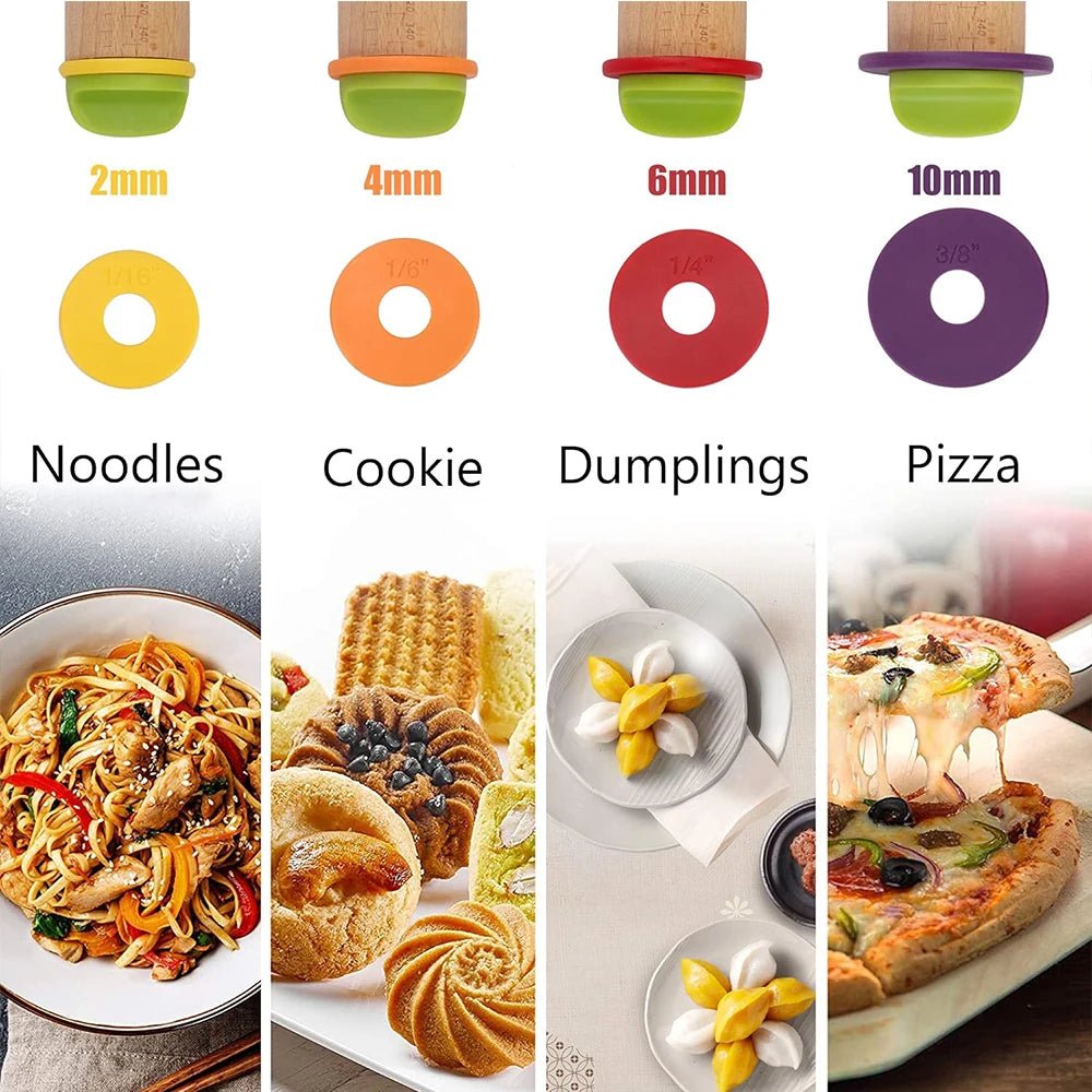 Color-coded thickness rings for beech wood rolling pin in noodle, cookie, dumpling, pizza