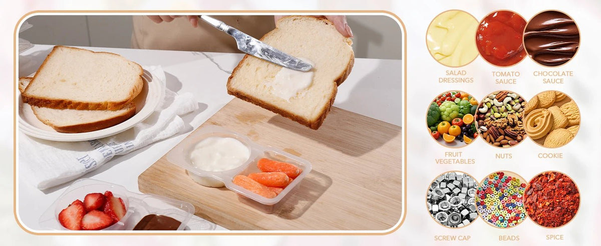 Double-compartment snack containers on table with ingredient portions and bread