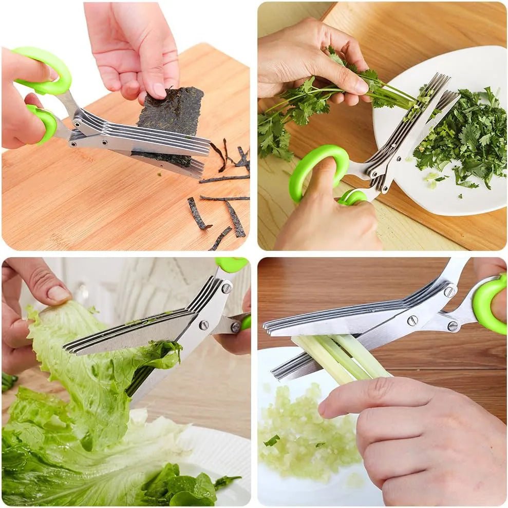 Green-handled herb mincing shears with stainless multi blades shown cutting on wood