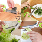 Green-handled herb mincing shears with stainless multi blades shown cutting on wood