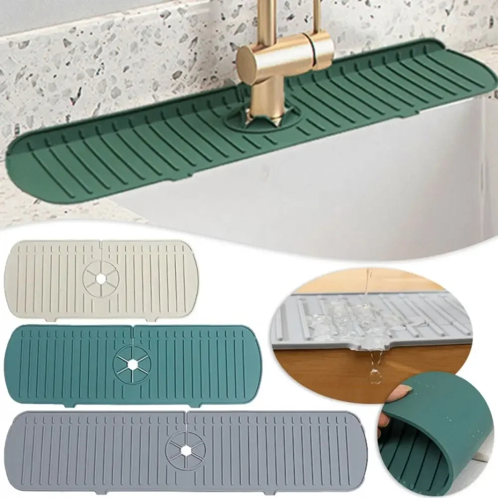 Set of silicone sink splash guards in green, teal, and gray with ridged channels